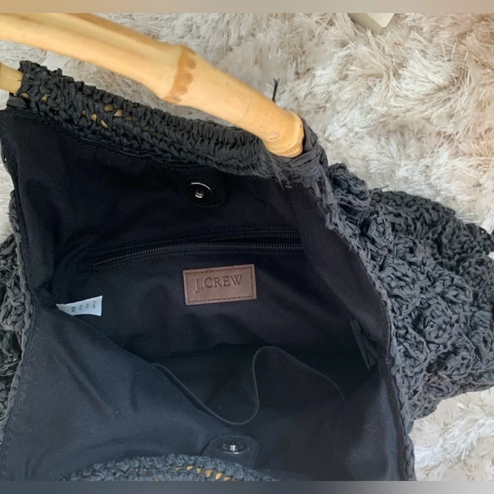 J Crew Black Woven Straw Bag Dual round wooden handles Large Bag Fully Lined